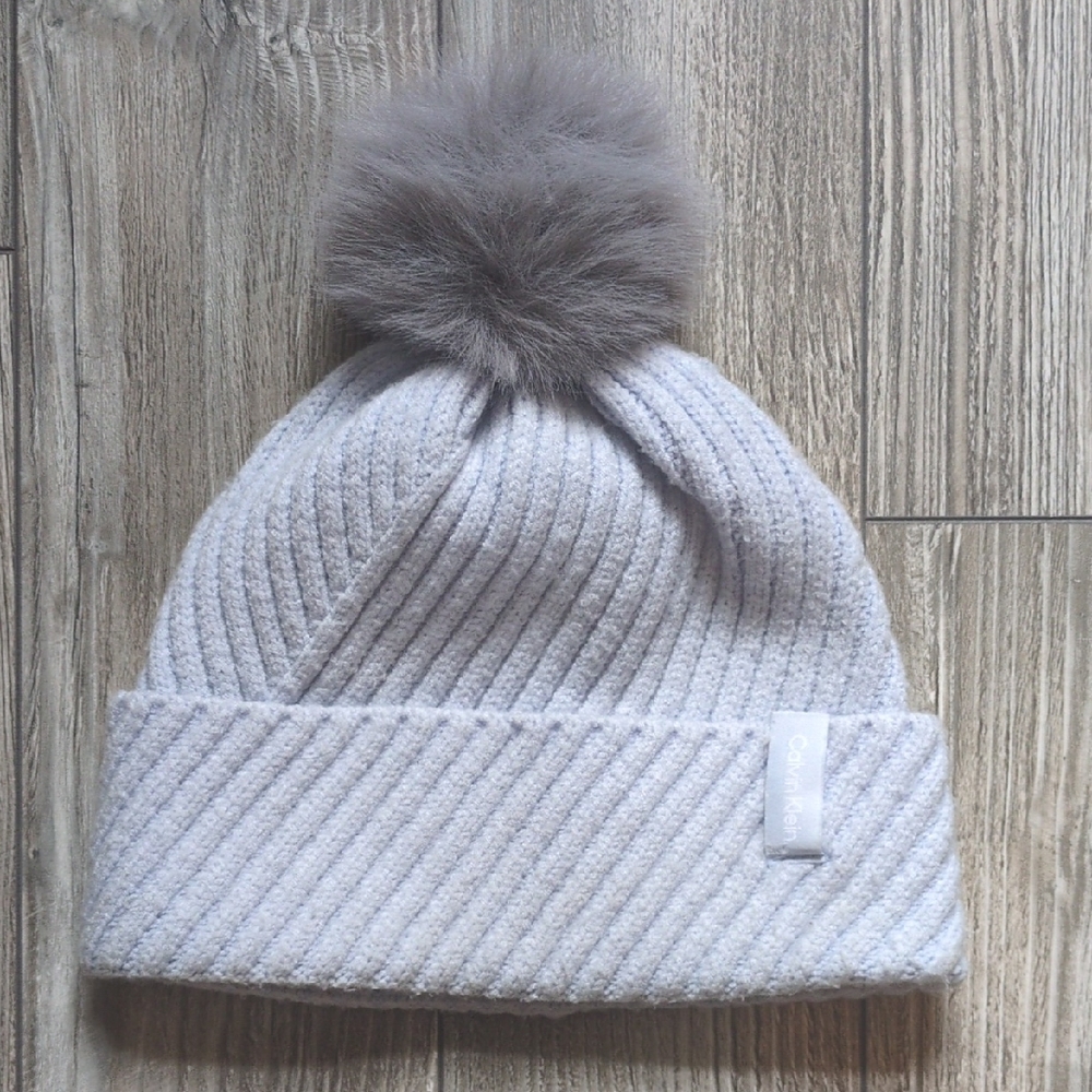 Calvin Klein Light Blue Ribbed Pom Beanie